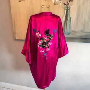 Dragon Embroidered Satin Kimono Robe Fuchsia Japanese Style Haori Unisex